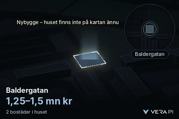 VERA PI's image of Baldergatan: the building in 3D, lit in blue, and the map around it