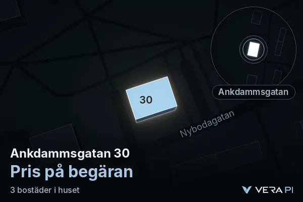 VERA PI's image of Ankdammsgatan 30: the building in 3D, lit in blue, and the map around it