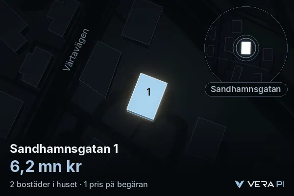 VERA PI's image of Sandhamnsgatan 1: the building in 3D, lit in blue, and the map around it