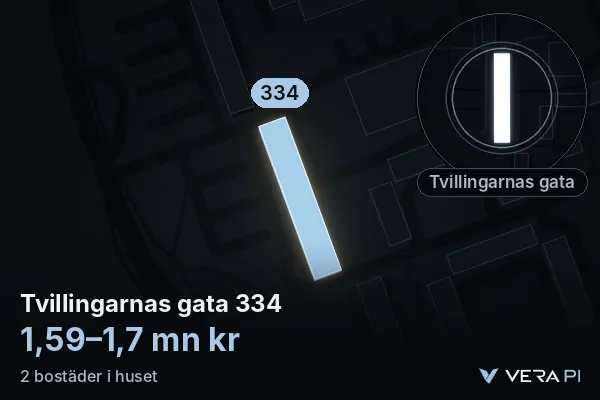 VERA PI:s bild av Tvillingarnas gata 334: huset i 3D, upplyst i blått, och kartan runt omkring