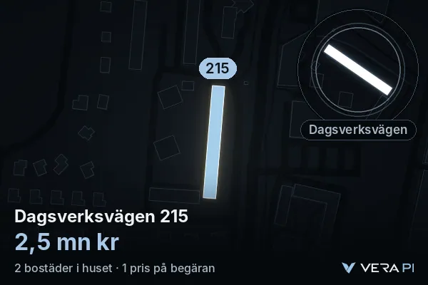 VERA PI:s bild av Dagsverksvägen 215: huset i 3D, upplyst i blått, och kartan runt omkring