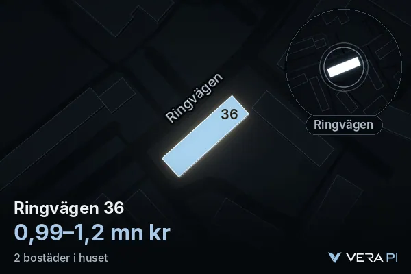 VERA PI's image of Ringvägen 36: the building in 3D, lit in blue, and the map around it