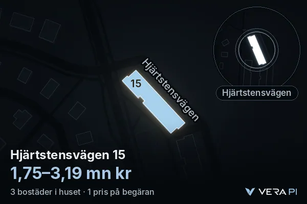 VERA PI:s bild av Hjärtstensvägen 15: huset i 3D, upplyst i blått, och kartan runt omkring