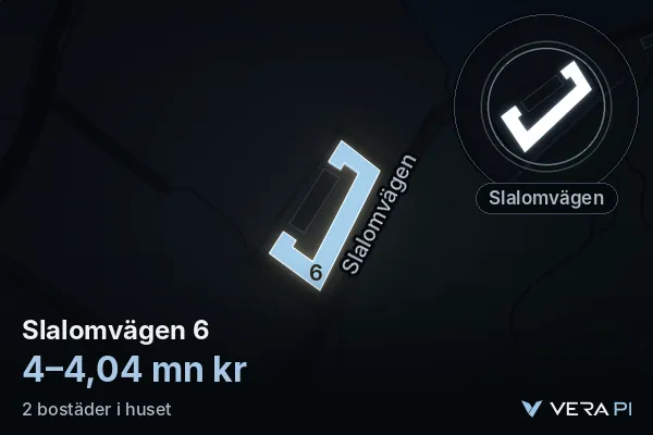 VERA PI's image of Slalomvägen 6: the building in 3D, lit in blue, and the map around it