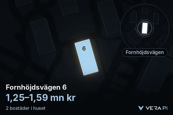 VERA PI's image of Fornhöjdsvägen 6: the building in 3D, lit in blue, and the map around it