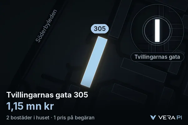VERA PI:s bild av Tvillingarnas gata 305: huset i 3D, upplyst i blått, och kartan runt omkring