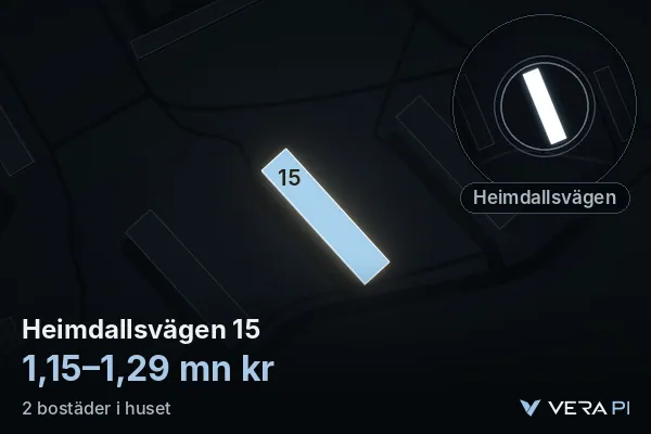 VERA PI:s bild av Heimdallsvägen 15: huset i 3D, upplyst i blått, och kartan runt omkring