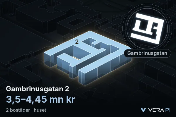 VERA PI:s bild av Gambrinusgatan 2: huset i 3D, upplyst i blått, och kartan runt omkring