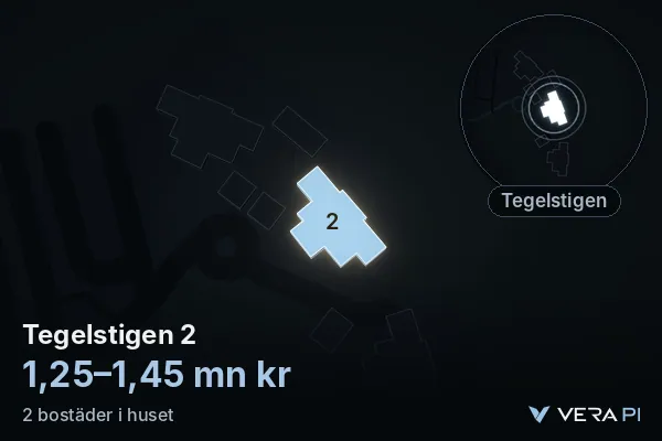 VERA PI:s bild av Tegelstigen 2: huset i 3D, upplyst i blått, och kartan runt omkring