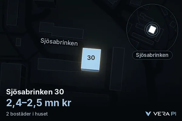 VERA PI:s bild av Sjösabrinken 30: huset i 3D, upplyst i blått, och kartan runt omkring