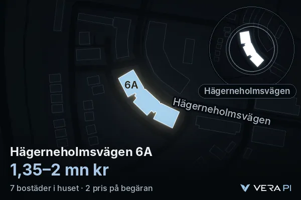 VERA PI:s bild av Hägerneholmsvägen 6A: huset i 3D, upplyst i blått, och kartan runt omkring