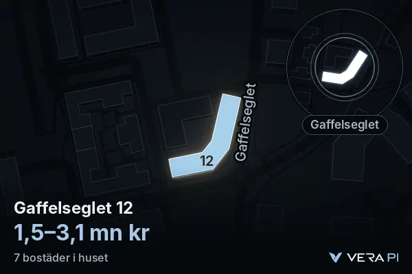 VERA PI:s bild av Gaffelseglet 12: huset i 3D, upplyst i blått, och kartan runt omkring