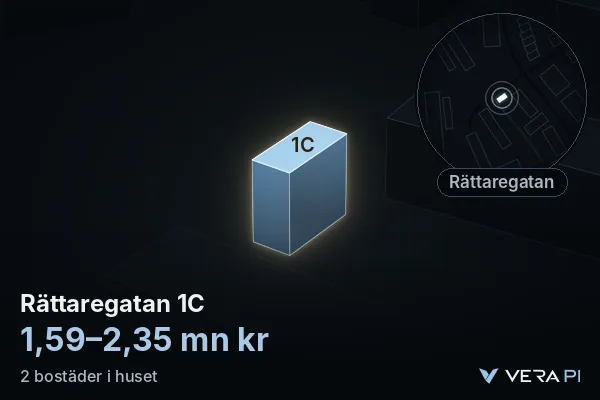 VERA PI's image of Rättaregatan 1C: the building in 3D, lit in blue, and the map around it
