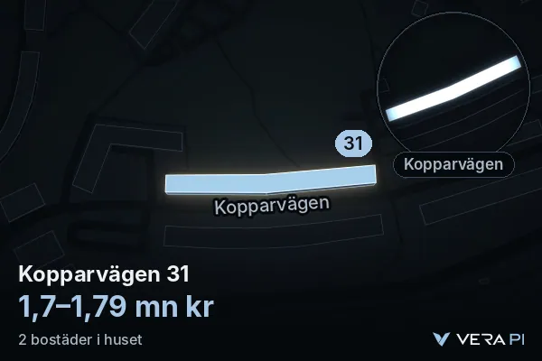 VERA PI's image of Kopparvägen 31: the building in 3D, lit in blue, and the map around it