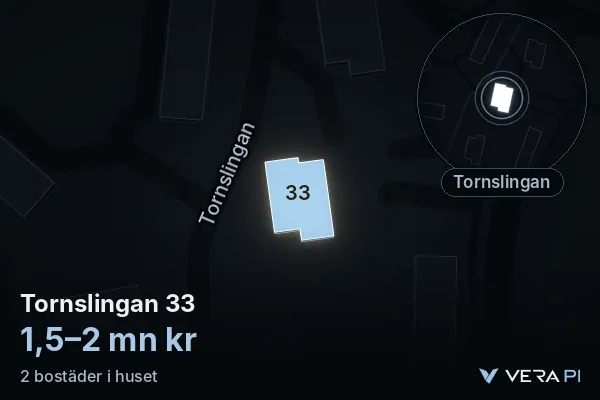 VERA PI's image of Tornslingan 33: the building in 3D, lit in blue, and the map around it