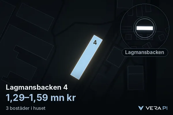 VERA PI's image of Lagmansbacken 4: the building in 3D, lit in blue, and the map around it