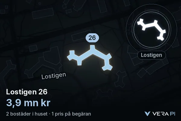VERA PI's image of Lostigen 26: the building in 3D, lit in blue, and the map around it
