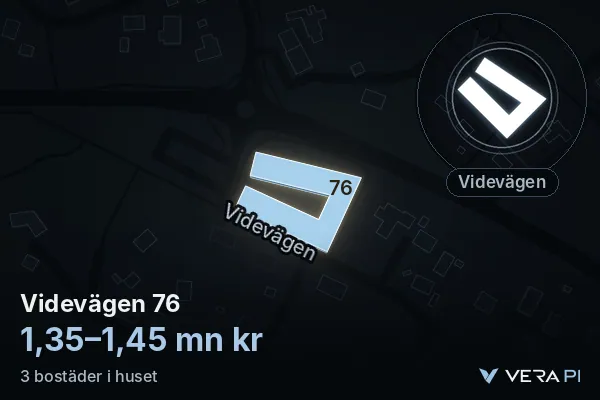 VERA PI's image of Videvägen 76: the building in 3D, lit in blue, and the map around it