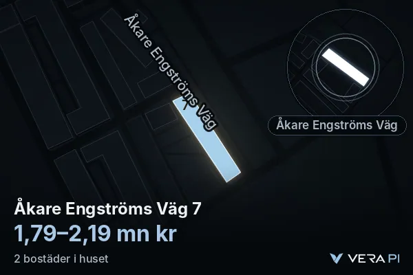 VERA PI:s bild av Åkare Engströms Väg 7: huset i 3D, upplyst i blått, och kartan runt omkring