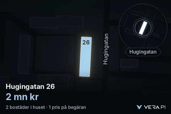 VERA PI's image of Hugingatan 26: the building in 3D, lit in blue, and the map around it