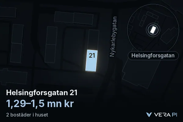 VERA PI:s bild av Helsingforsgatan 21: huset i 3D, upplyst i blått, och kartan runt omkring