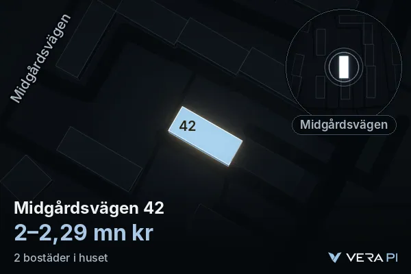 VERA PI:s bild av Midgårdsvägen 42: huset i 3D, upplyst i blått, och kartan runt omkring