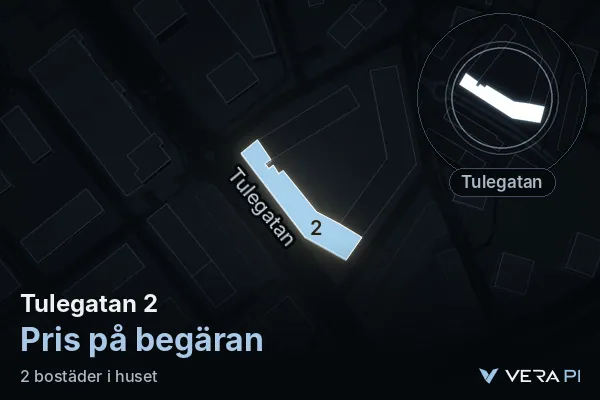 VERA PI:s bild av Tulegatan 2: huset i 3D, upplyst i blått, och kartan runt omkring