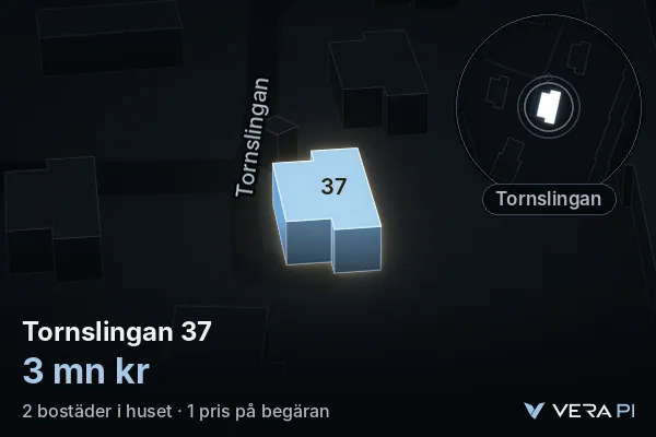 VERA PI:s bild av Tornslingan 37: huset i 3D, upplyst i blått, och kartan runt omkring