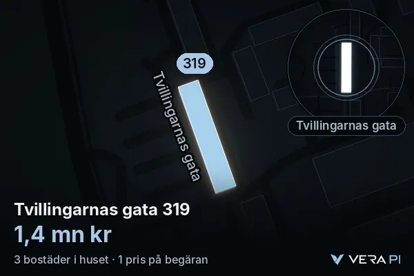 VERA PI:s bild av Tvillingarnas gata 319: huset i 3D, upplyst i blått, och kartan runt omkring