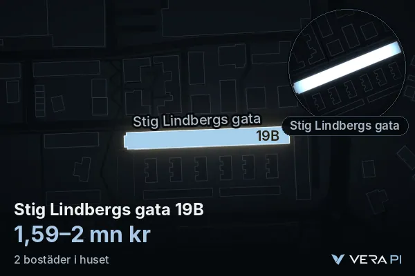 VERA PI's image of Stig Lindbergs gata 19B: the building in 3D, lit in blue, and the map around it