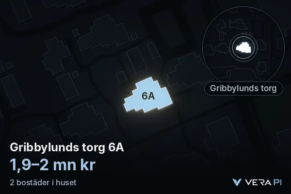 VERA PI:s bild av Gribbylunds torg 6A: huset i 3D, upplyst i blått, och kartan runt omkring