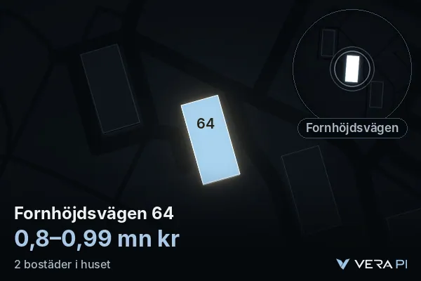 VERA PI's image of Fornhöjdsvägen 64: the building in 3D, lit in blue, and the map around it
