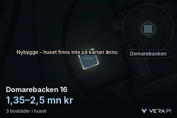 VERA PI's image of Domarebacken 16: the building in 3D, lit in blue, and the map around it