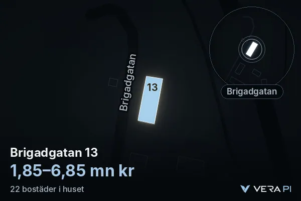 VERA PI's image of Brigadgatan 13: the building in 3D, lit in blue, and the map around it