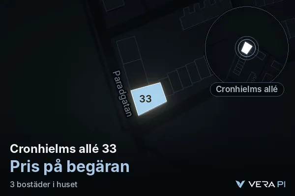 VERA PI's image of Cronhielms allé 33: the building in 3D, lit in blue, and the map around it