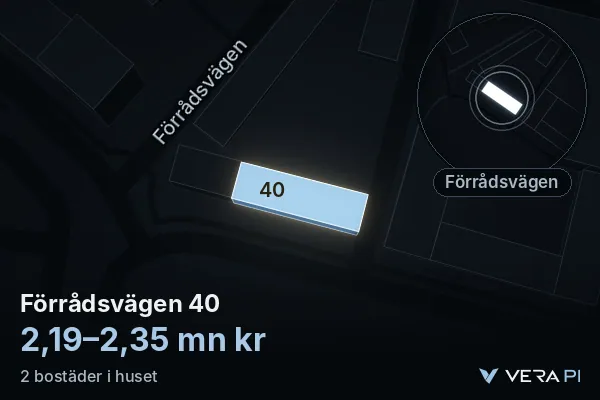 VERA PI:s bild av Förrådsvägen 40: huset i 3D, upplyst i blått, och kartan runt omkring