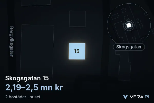 VERA PI's image of Skogsgatan 15: the building in 3D, lit in blue, and the map around it
