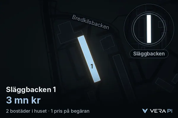 VERA PI's image of Släggbacken 1: the building in 3D, lit in blue, and the map around it