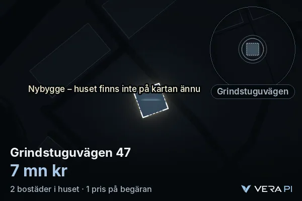 VERA PI:s bild av Grindstuguvägen 47: huset i 3D, upplyst i blått, och kartan runt omkring