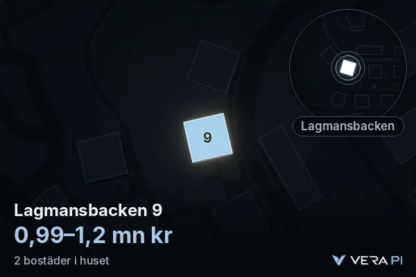 VERA PI's image of Lagmansbacken 9: the building in 3D, lit in blue, and the map around it