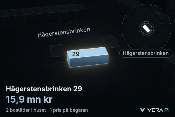VERA PI:s bild av Hägerstensbrinken 29: huset i 3D, upplyst i blått, och kartan runt omkring