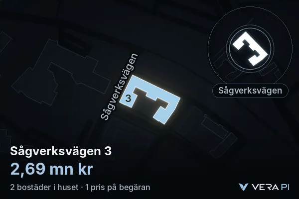 VERA PI's image of Sågverksvägen 3: the building in 3D, lit in blue, and the map around it