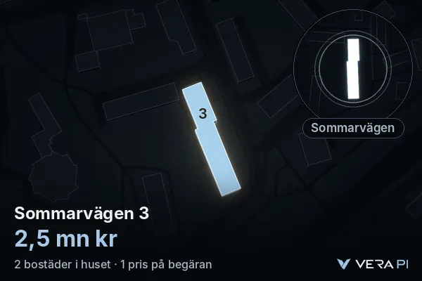 VERA PI's image of Sommarvägen 3: the building in 3D, lit in blue, and the map around it