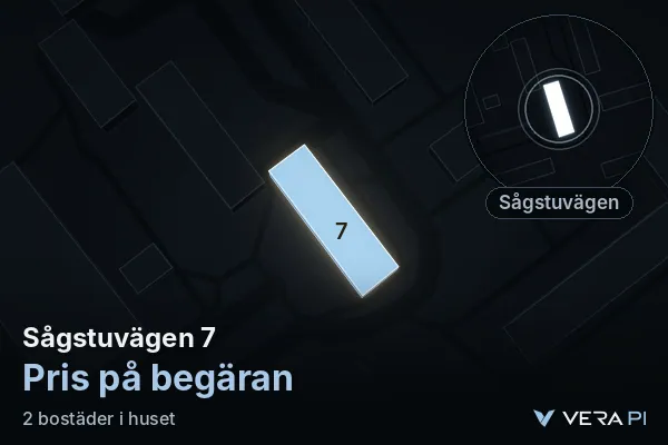 VERA PI:s bild av Sågstuvägen 7: huset i 3D, upplyst i blått, och kartan runt omkring