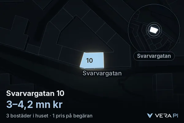 VERA PI:s bild av Svarvargatan 10: huset i 3D, upplyst i blått, och kartan runt omkring