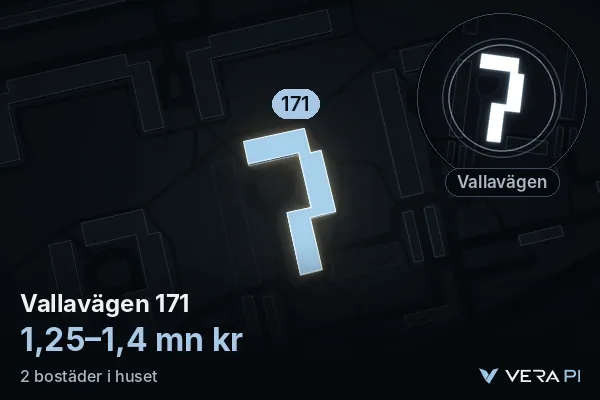VERA PI:s bild av Vallavägen 171: huset i 3D, upplyst i blått, och kartan runt omkring