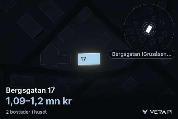 VERA PI's image of Bergsgatan 17: the building in 3D, lit in blue, and the map around it