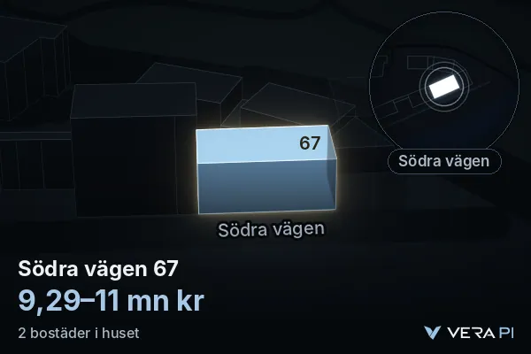 VERA PI:s bild av Södra vägen 67: huset i 3D, upplyst i blått, och kartan runt omkring