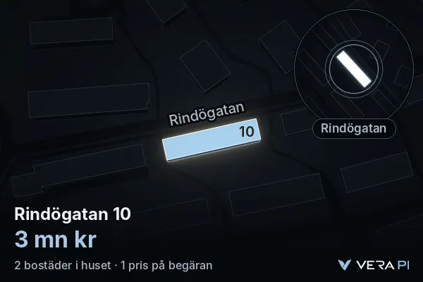 VERA PI:s bild av Rindögatan 10: huset i 3D, upplyst i blått, och kartan runt omkring