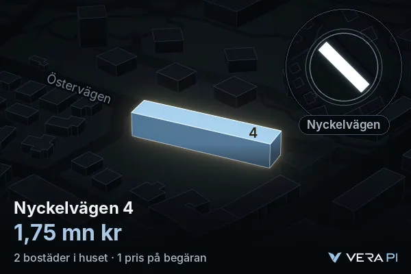 VERA PI:s bild av Nyckelvägen 4: huset i 3D, upplyst i blått, och kartan runt omkring